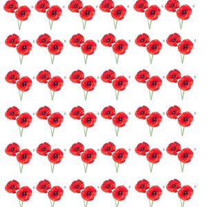 Pode incluir: Um padrão repetido de flores de papoula vermelhas sobre um fundo branco. Cada flor tem três pétalas e um caule verde.