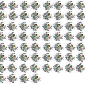 May include: A repeating pattern of watercolour illustrations of birds perched on branches with pink flowers. The birds have brown, orange, and blue feathers.