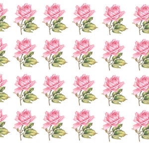 May include: A seamless pattern of pink roses with green leaves on a white background.