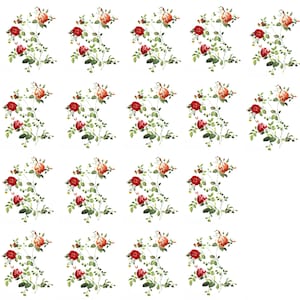 May include: A repeating pattern of red and orange roses with green leaves on a white background.