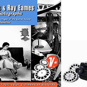 May include: A book cover featuring a black and white photo of a room with a woman sitting on a couch. The book title is "Charles & Ray Eames Stereo Photographs" and the subtitle is "Including historic images of the Eames House notes by Eames Demetrios". The book cover also features a red and white "View-Master" viewer and several reels.