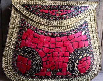 Ethnic Clutch Vintage Handmade metal Mosaic stone Shell purse Handbag for women Party Bag Special occasion accessories