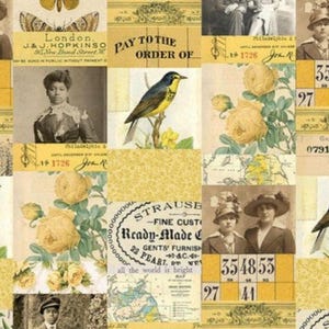 May include: A patchwork design featuring vintage imagery in yellow, cream, and brown. The collage includes a bird, roses, portraits, and text fragments such as "London" and "Ready-Made".