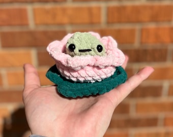 Frog in Lily Pop It Crochet Plushie Handmade Amigurumi Fidget Toy