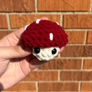 May include: A handmade crochet mushroom with a deep red cap and white spots. The mushroom's stem is off-white, and it has two black, bead-like eyes. The plush toy is held in a hand against a brick background.