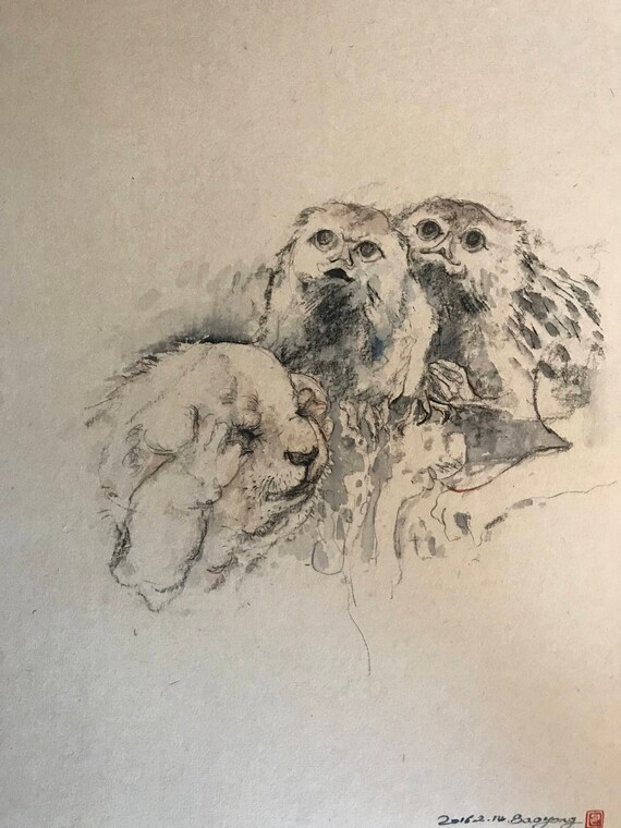 Ink Szkic Psa I Sowy