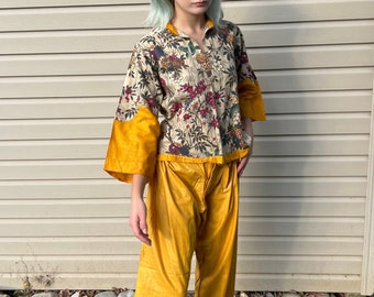 Antique 1920s two piece floral pattern and orange polished cotton Halloween costume