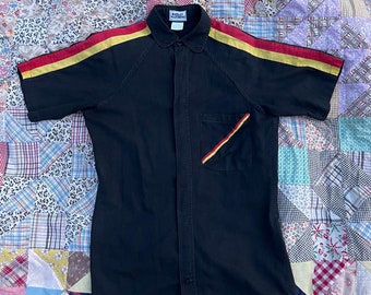 Late 1960s Vintage Harlan Matthews Casual Black Button Up w/ Red & Yellow Racing Stripes