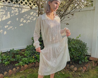 1920s White Embroidered Smocked Long Sleeve Hungarian Peasant Drop-Waist Sheer Cotton Dress