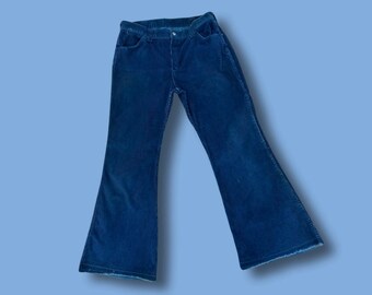 1960s Vintage Handmade Blue Corduroy Flares // Bellbottoms with Raw Hem