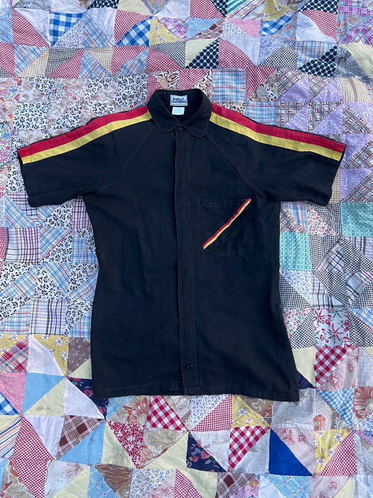 Fine 1960 Vintage Harlan Matthews Casual Black Button Up w / Red & Yellow Racing Stripes