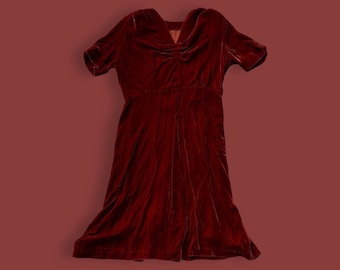 1930s Burnt Sienna Velvet Evening Dress with Braiding // Ruching  Detailing & Shoulder Pads