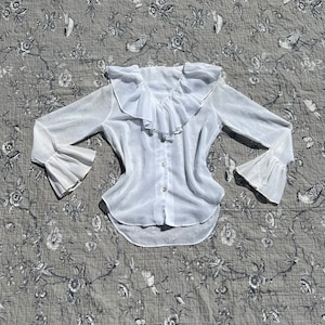 Antique 1910s Graceful White Organdy Button Up Blouse with Loose Ruffling