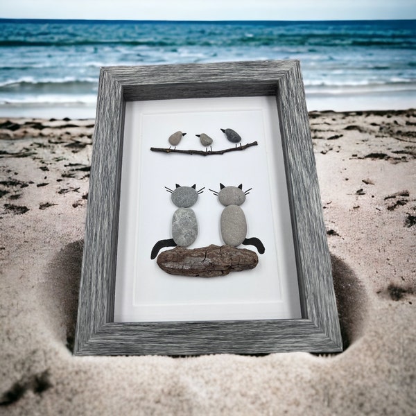 Pebble Art Cats - 5 by 7 - framed