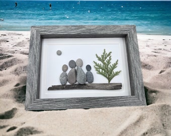 Pebble Art Family - 5 by 7 - framed - family of four pebble art