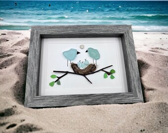 Seaglass Birds - 5 by 7 - framed - seaglass art