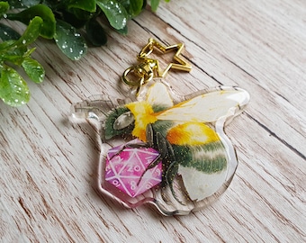 B20, Bee D20 Dice, Acrylic Keychain, Glitter Charm