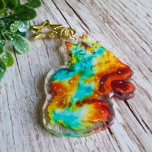 Green Galactic Cat, Acrylic Keychain, Glitter Charm