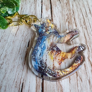 Brown Galactic Cat, Acrylic Keychain, Glitter Charm