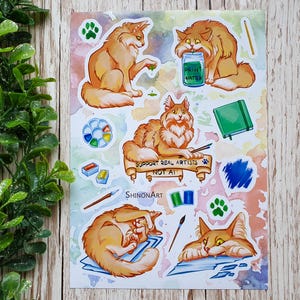 Artist Cat Glossy Vinyl Sticker Sheet A5