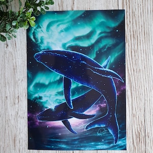 Impressão artística A4 Solar Seas, Space Whales, laminação brilhante, pôster de belas artes tamanho carta, criatura fantástica