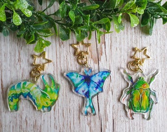 Galactic Animals, Bugs, Insects, Caterpillar, Beetle, Moth, Acrylic Keychain, Glitter Charm