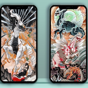 May include: Two phone screens with digital illustrations of mythical creatures. The left screen features a white and black dragon with a red background. The right screen features a blue and green dragon with a red and white background. Both screens have Japanese text.