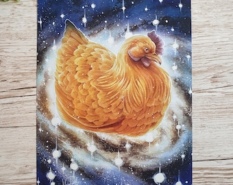 Mother of the Cosmos, Galaxy Chicken, A4 Art Print, Letter Size Fine Art Poster, Fantasy Creature