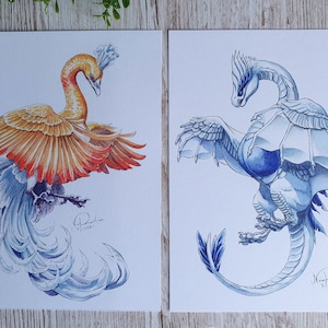 Láminas artísticas brillantes de Ho-Oh y Lugia (A4), textura de papel de acuarela, póster de bellas artes tamaño carta, criatura fantástica