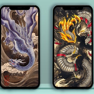Könnte beinhalten: Zwei Handy-Hintergrundbilder mit japanischen Drachen- und Schlangenillustrationen. Das erste Hintergrundbild zeigt einen blauen Drachen vor einem wirbelnden Hintergrund. Das zweite Hintergrundbild zeigt eine schwarze und graue Schlange mit roten und goldenen Akzenten.