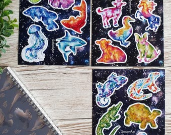 Various Galaxy Animals Glossy Vinyl Sticker Sheets A5, Fish, Farm Animals, Reptiles, Amphibians