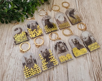 Various Finnish Animals Acrylic Keychain, Stamped Gold Foil Charm