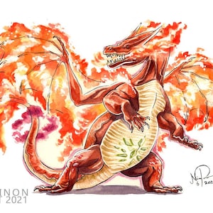 GMax Charizard, Original Watercolour Painting, Creature Painting, Original watercolor art, Handmade art