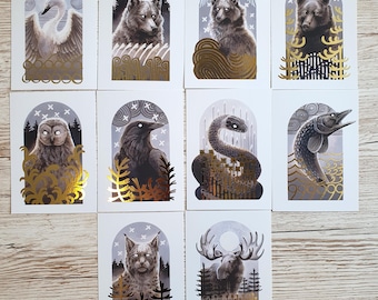Old Gods -TOTEM , Gold Foil Art Prints, Owl, Raven, Swan, Grass Snake, Pike, Moose, Bear, Lynx, Fox, Wolf