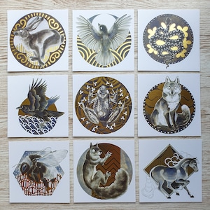 Bénédictions des dieux très anciens, impressions d'art en feuille d'or, abeille, vipère, cheval, geai de Sibérie, renard, grenouille, écureuil, lièvre, corbeau