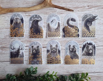 Old Gods - TOTEM, Metallic Matte Vinyl Stickers, Owl, Raven, Swan, Grass Snake, Pike, Moose, Bear, Fox, Wolf, Lynx