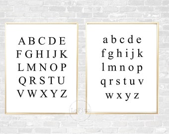 Set of 2 Upper and Lowercase alphabet, Times font, gender neutral nursery printable, black and white art, typography art, wall collage 8x10