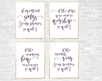 Set of 4, So will I, Hillsong United song lyrics printable, purple font, religious digital print, typography art, 8x10 instant download
