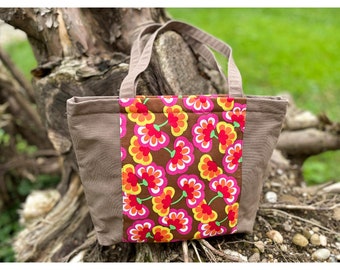 Tote Bag with Zip Closure, Floral Cotton