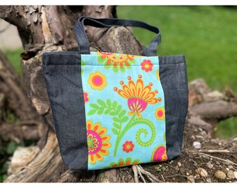 Cotton Tote Bag: Floral Print, Double Pocket, Zip Closure