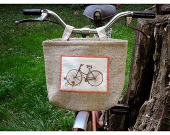 Bicycle Bag, Vintage Stroller Tote, Handlebar Bag, Jute and Cotton