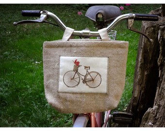 Bicycle Bag, Vintage Stroller Tote, Handlebar Bag, Jute and Cotton