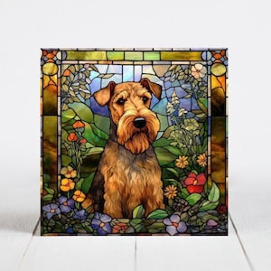 Airedale Terrier Ceramic Tile, Airedale Decorative Tile, Airedale Gift, Airedale Coaster, Faux Stained-Glass Dog Art