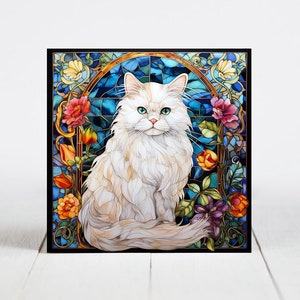 Persian Cat Ceramic Tile, Persian Cat Decorative Tile, Persian Cat Gift, Persian Cat Coaster, Faux Stained-Glass Cat Art