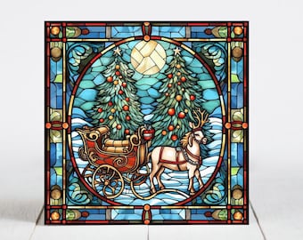 Christmas Ceramic Tile, Christmas Decorative Tile, Christmas Gift, Christmas Coaster, Faux Stained-Glass Art