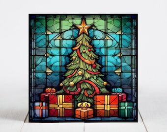Christmas Ceramic Tile, Christmas Decorative Tile, Christmas Gift, Christmas Coaster, Faux Stained-Glass Art