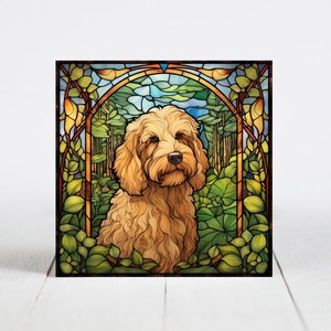 GoldenDoodle Ceramic Tile, GoldenDoodle Decorative Tile, GoldenDoodle Gift, GoldenDoodle Coaster, Faux Stained-Glass Dog Art