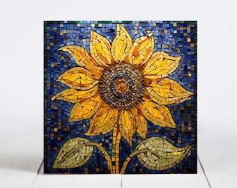 Sunflower Ceramic Tile, Sunflower Decorative Tile, Sunflower Gift, Sunflower Coaster, Faux Stained-Glass Art