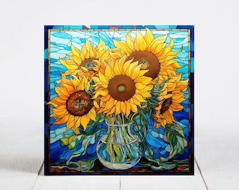 Sunflowers Ceramic Tile, Sunflowers Decorative Tile, Sunflowers Gift, Sunflowers Coaster, Faux Stained-Glass Art