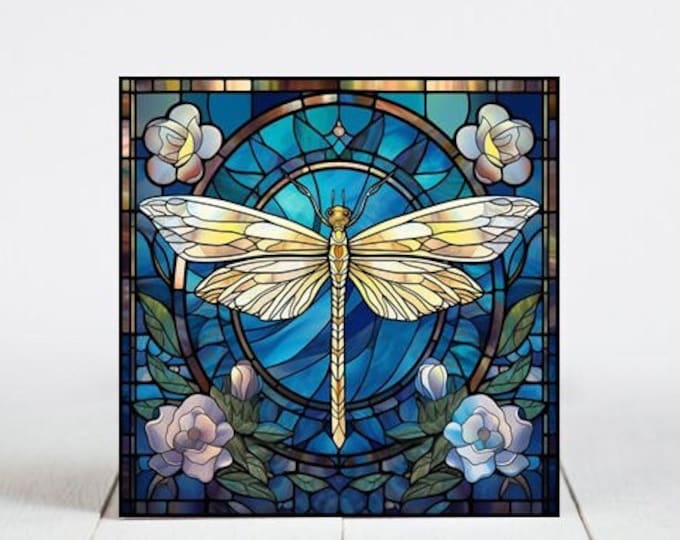 Dragonfly Ceramic Tile, Dragonfly Decorative Tile, Dragonfly Gift, Dragonfly Coaster, Faux Stained-Glass Dog Art